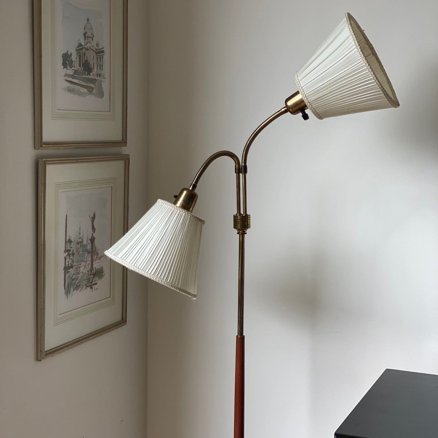 KEPT London Stock A brass and teak floor lamp, mid 20th century