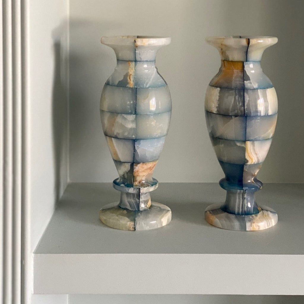 KEPT London A pair of blue and white onyx vases