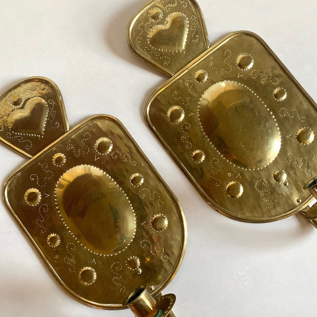KEPT London Stock A pair of brass wall sconces with embossed hearts
