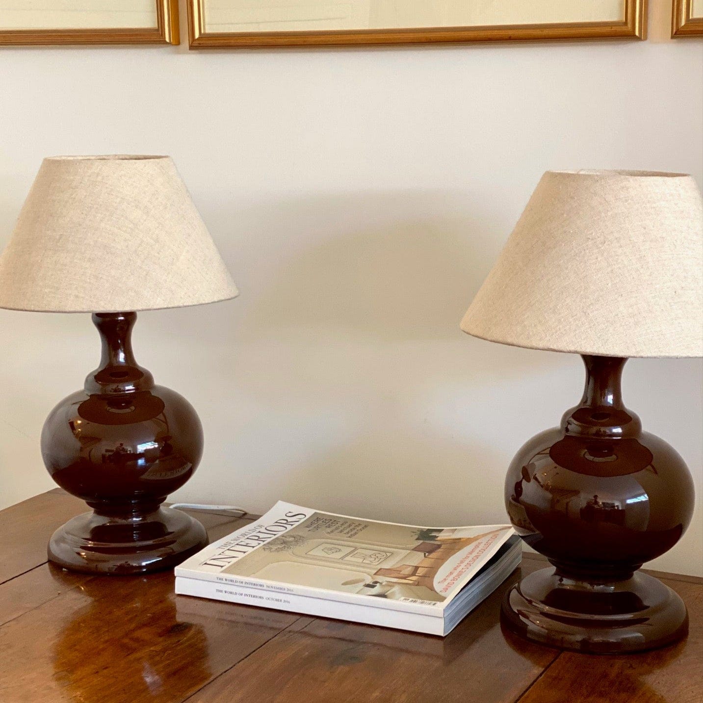 KEPT London Stock A pair of chocolate brown ceramic lamps