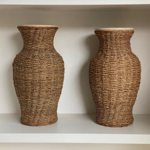 KEPT London Stock A pair of large rattan wrapped ceramic vases
