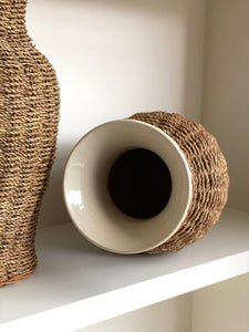 KEPT London Stock A pair of large rattan wrapped ceramic vases