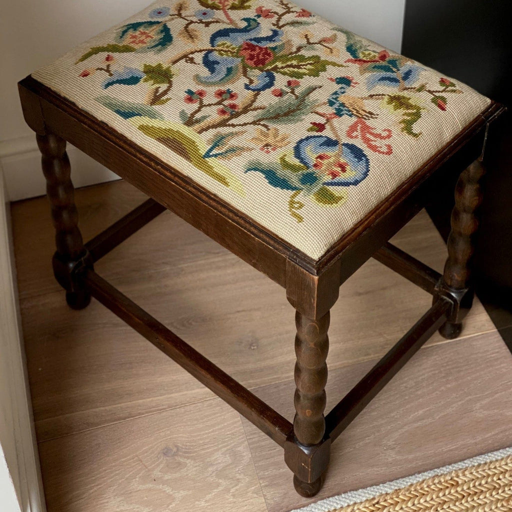 KEPT London Stock An oak bobbin stool with tapestry seat