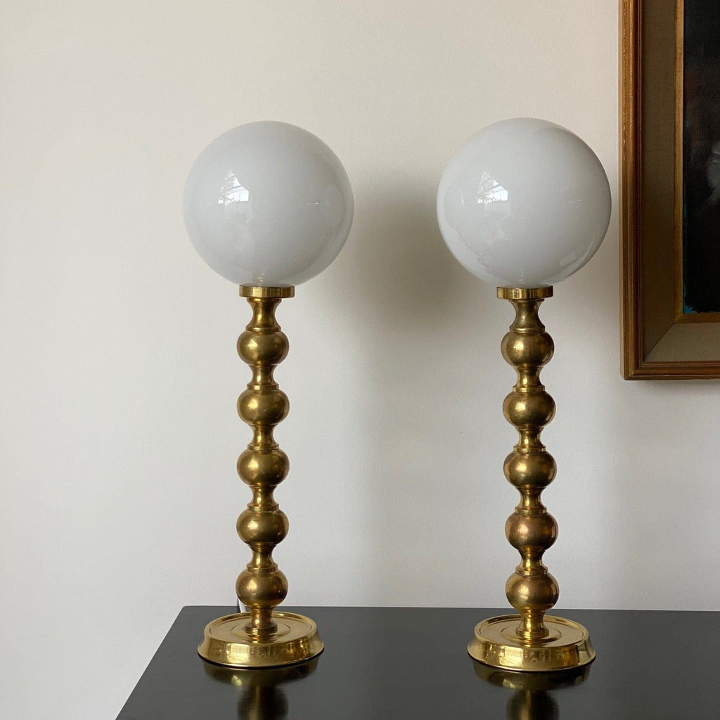 KEPT London Bobbin brass lamps with globe shades