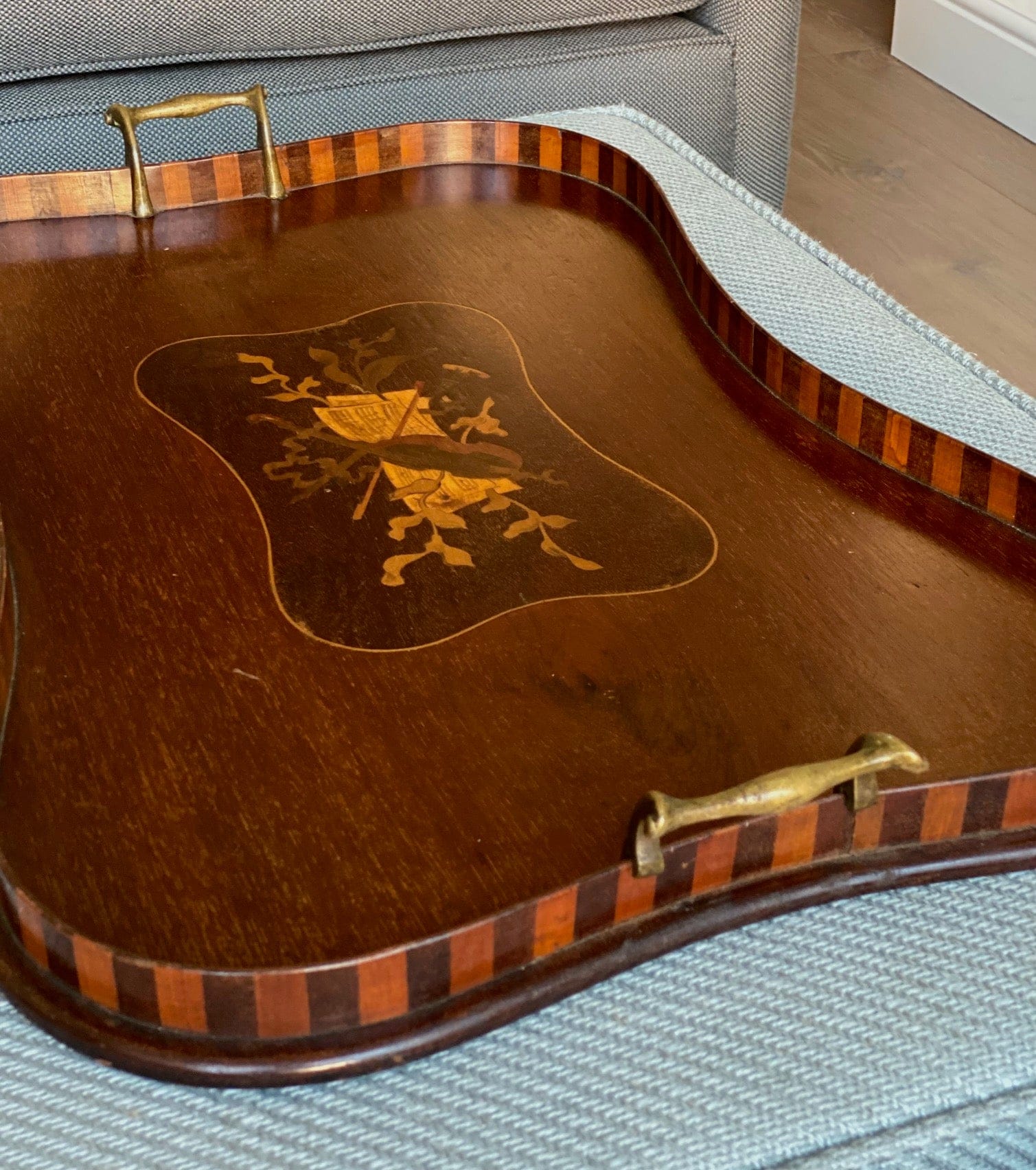 KEPT London Stock Inlaid mahogany tray with striped gallery