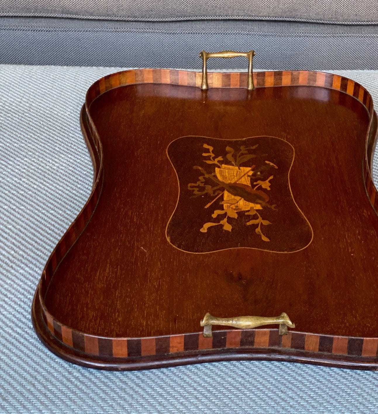 KEPT London Stock Inlaid mahogany tray with striped gallery