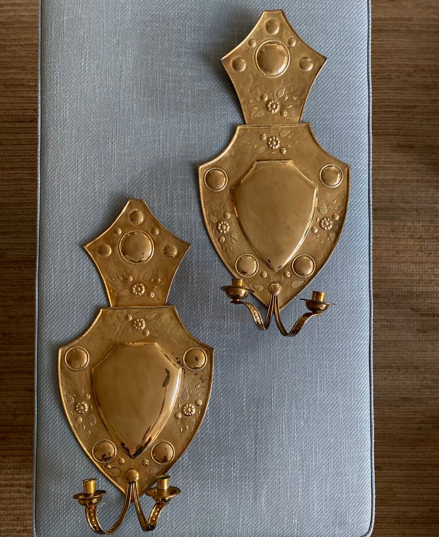 KEPT London Stock Large pair of brass shield wall sconces