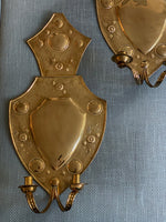 Load image into Gallery viewer, KEPT London Stock Large pair of brass shield wall sconces
