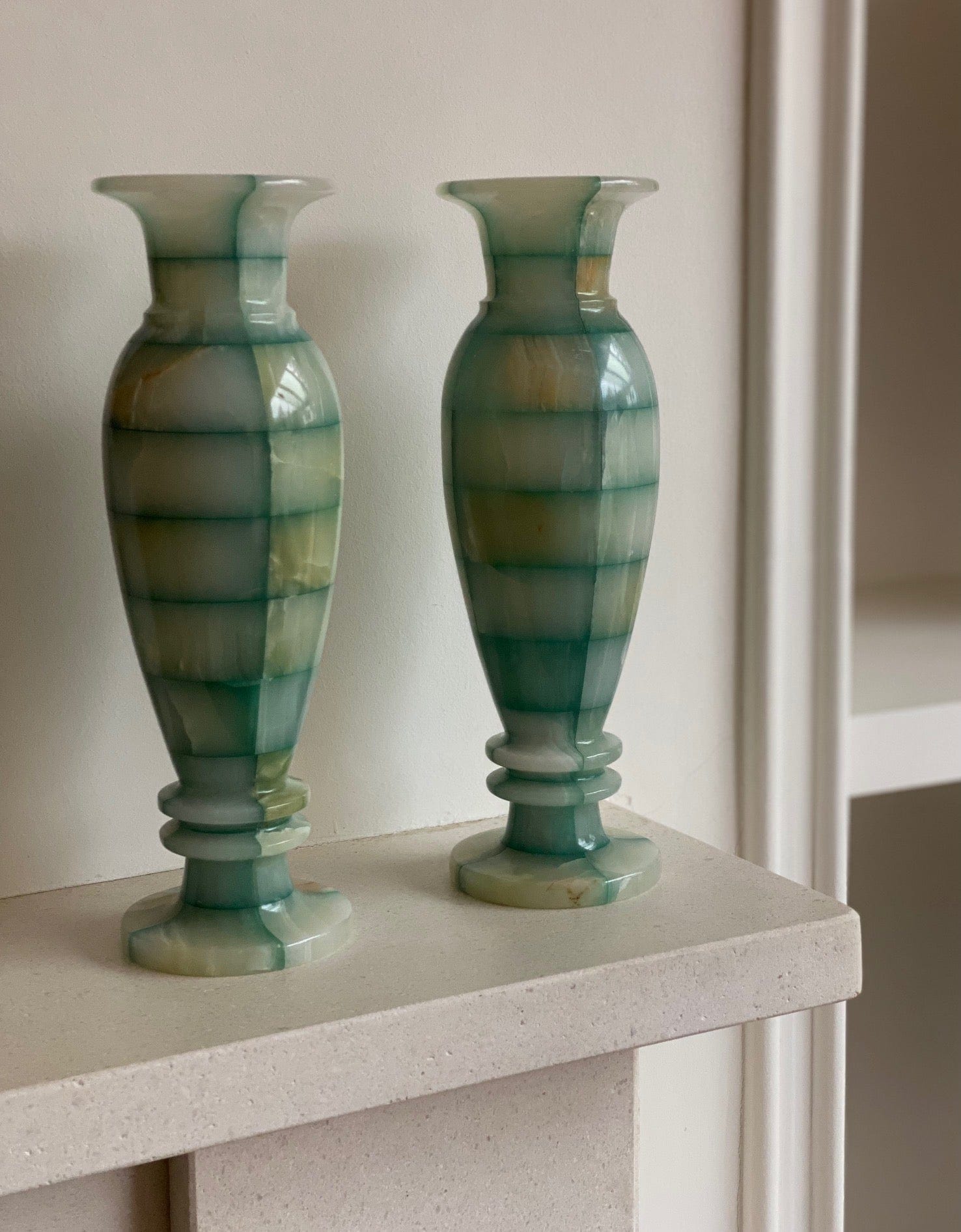 KEPT London Stock Large pair of green checkered onyx vases