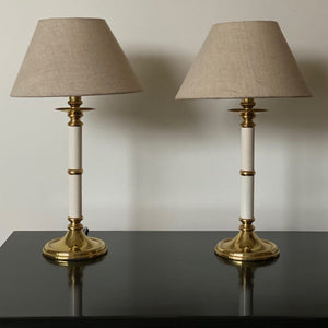 KEPT London Pair of brass and white enamel lamps