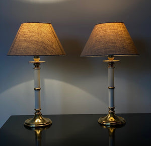 KEPT London Pair of brass and white enamel lamps