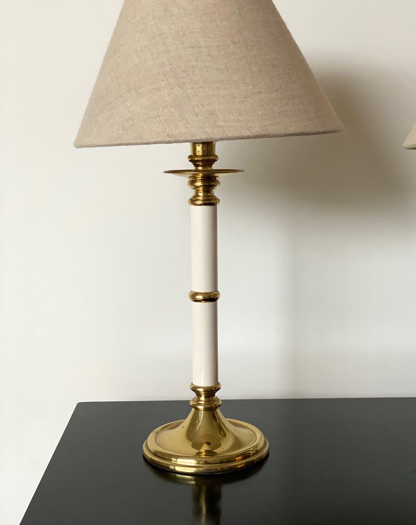 KEPT London Pair of brass and white enamel lamps