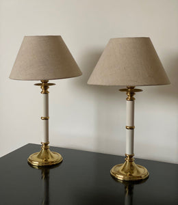 KEPT London Pair of brass and white enamel lamps