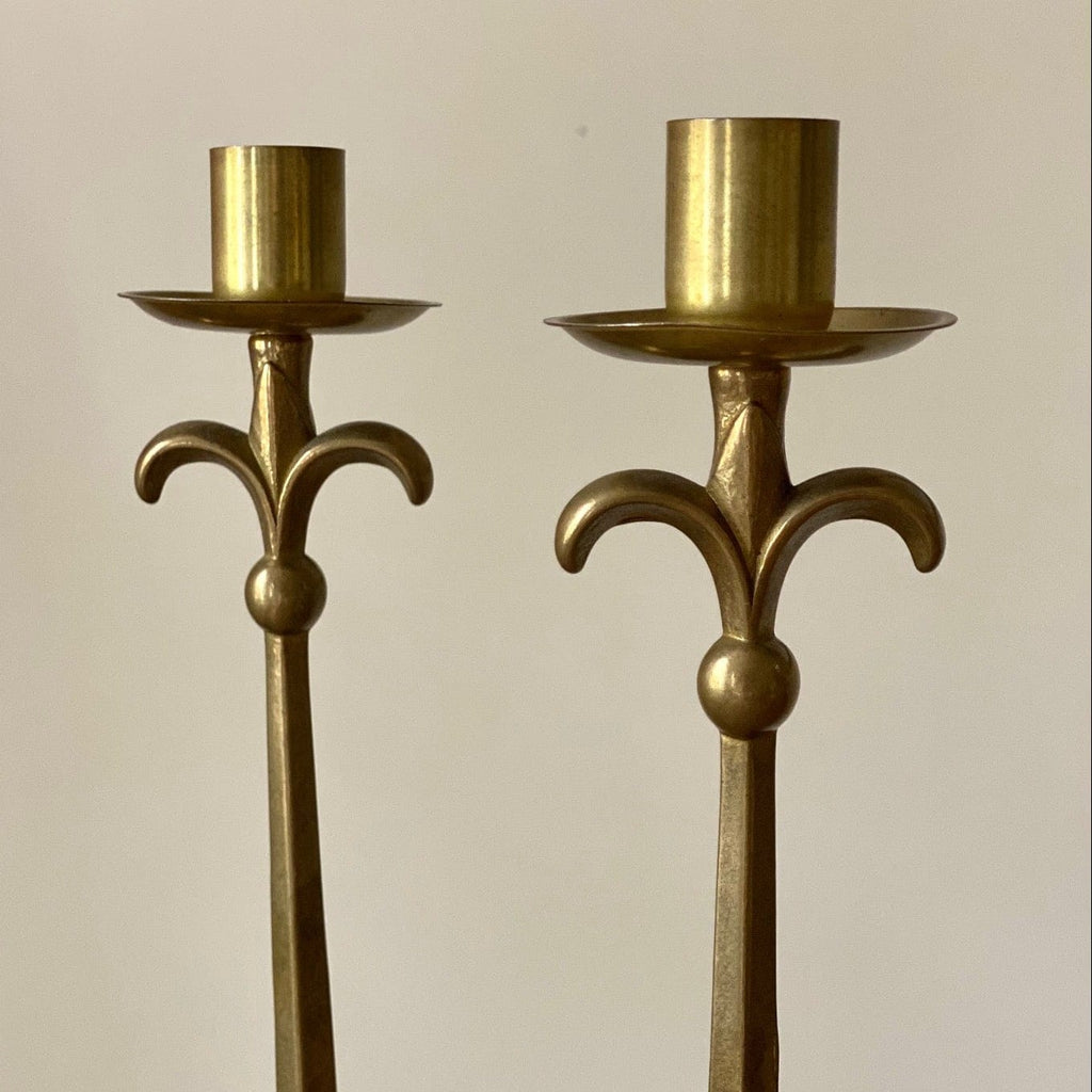 KEPT London Stock Pair of brass stalk candlesticks
