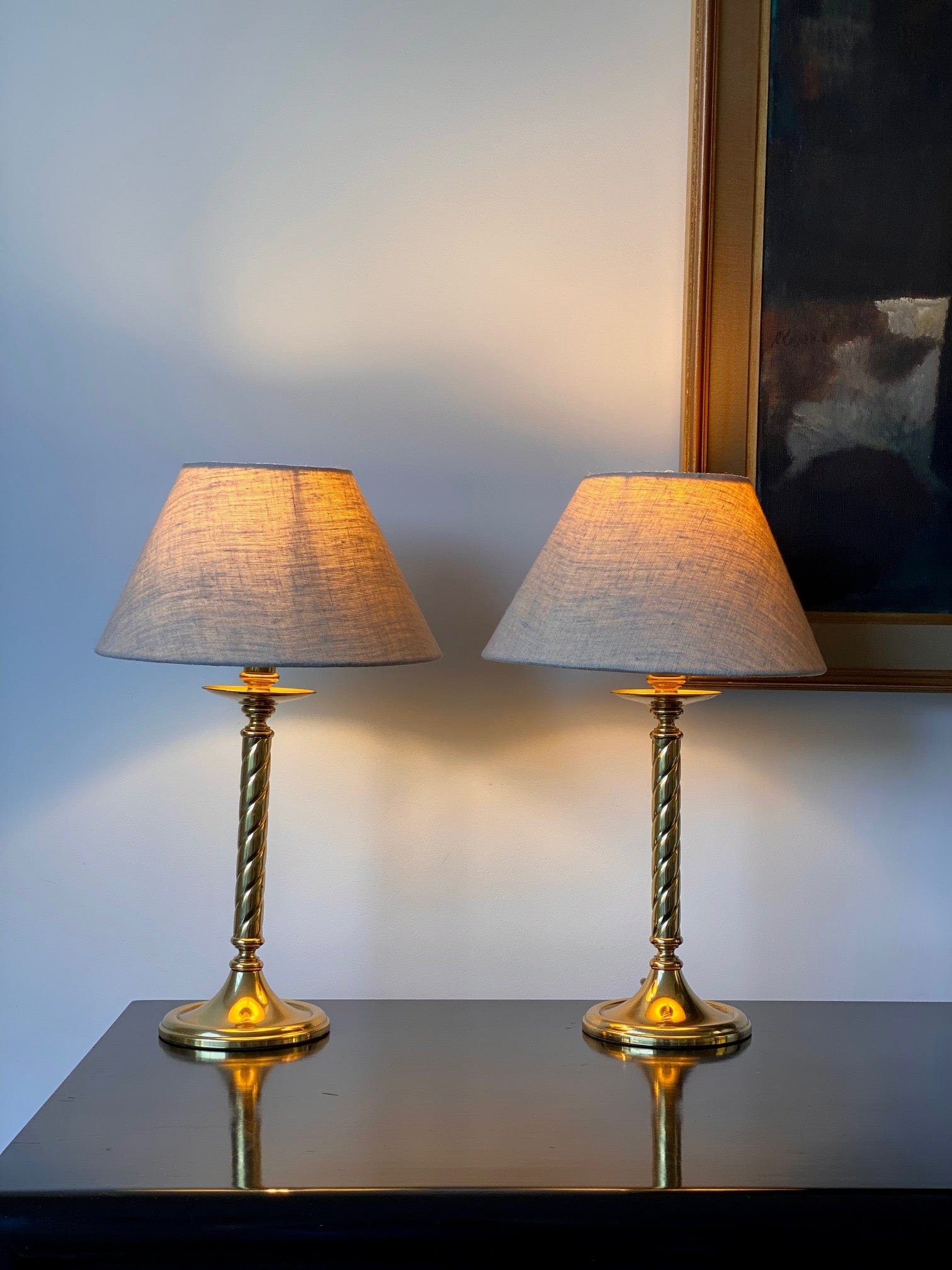 KEPT London Stock Pair of brass twisted column lamps