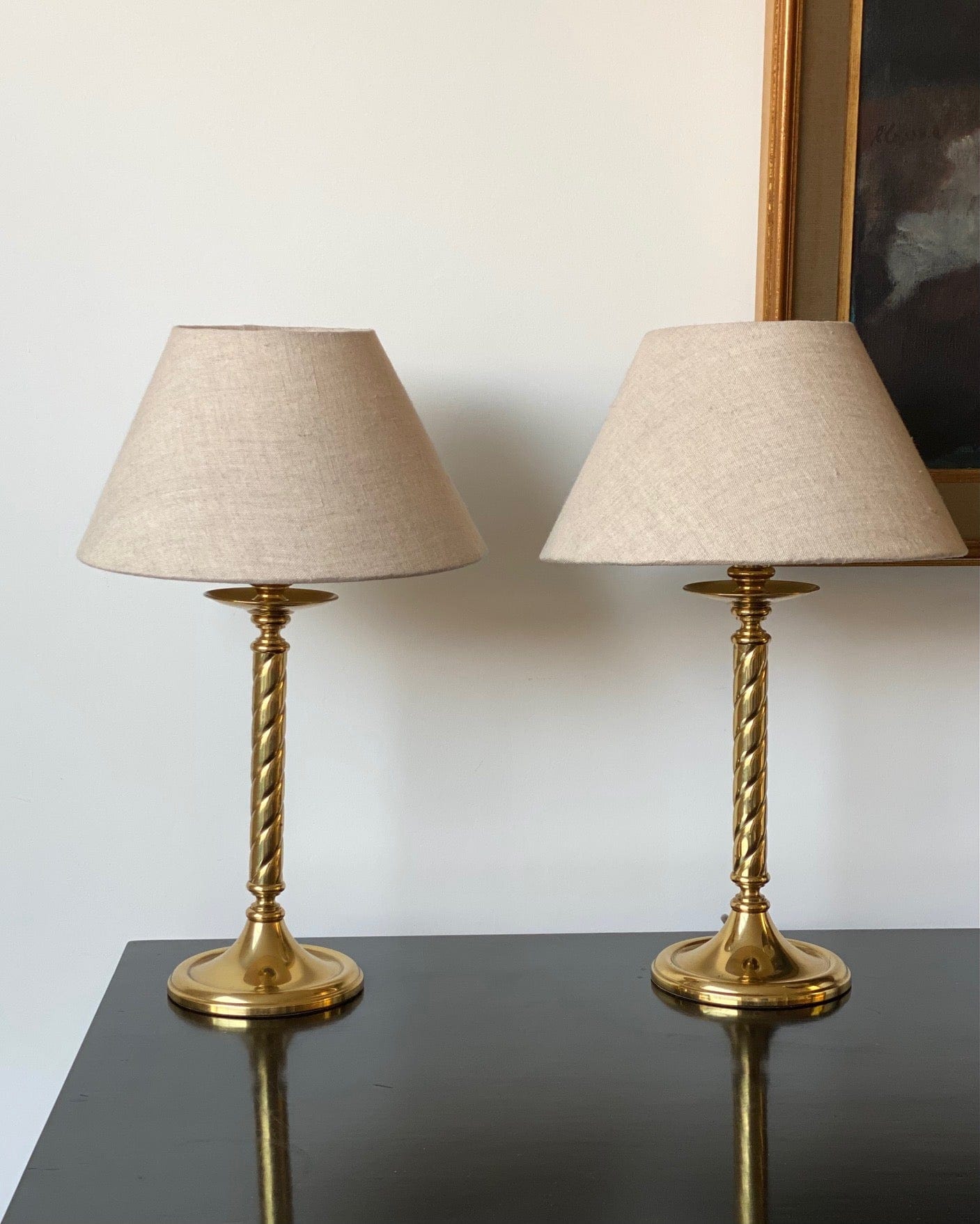 KEPT London Stock Pair of brass twisted column lamps