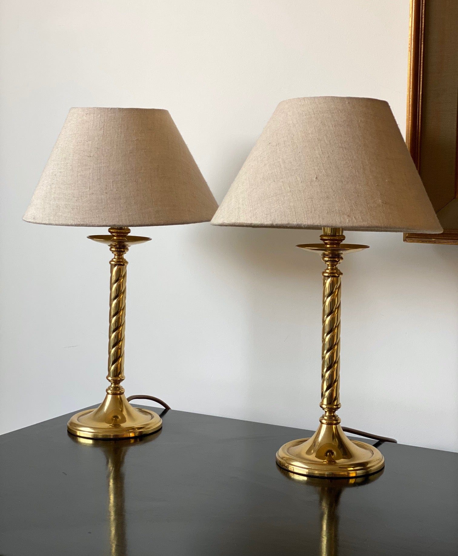 KEPT London Stock Pair of brass twisted column lamps