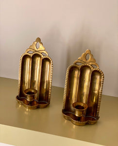 KEPT London Stock Pair of brass wall sconces, cut out detail