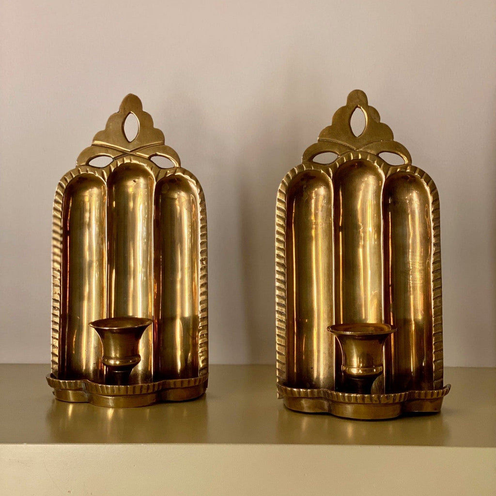 KEPT London Stock Pair of brass wall sconces, cut out detail