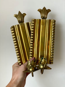 KEPT London Pair of brass wall sconces with leaf detail