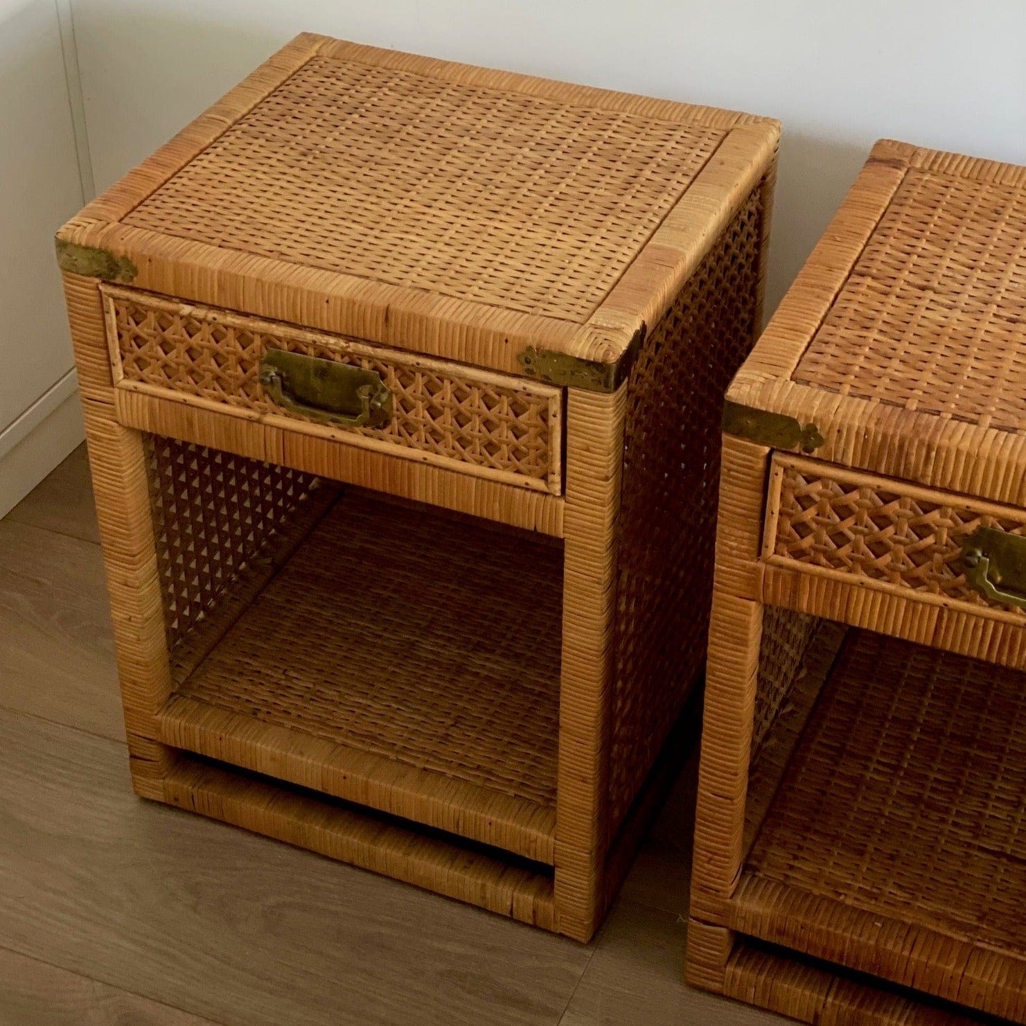 KEPT London Pair of cane and wicker bedside tables