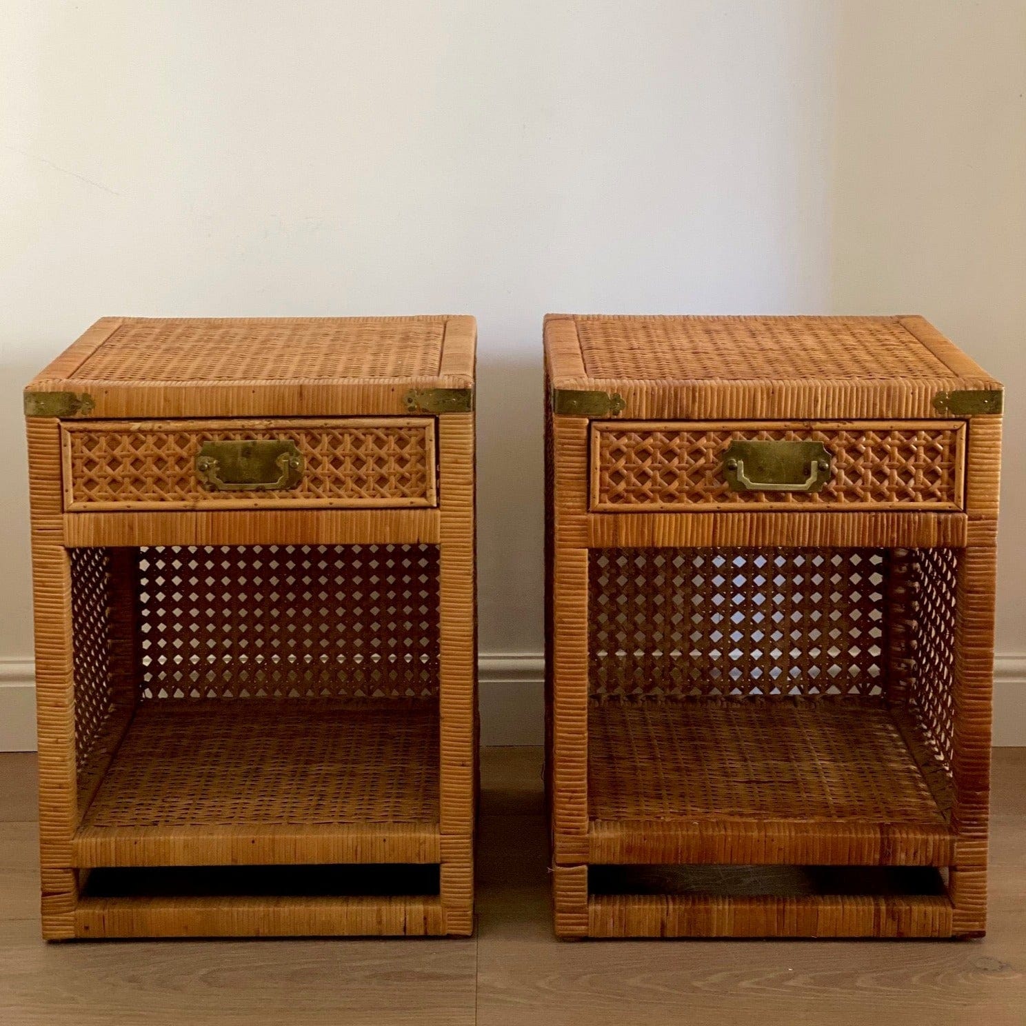 KEPT London Pair of cane and wicker bedside tables