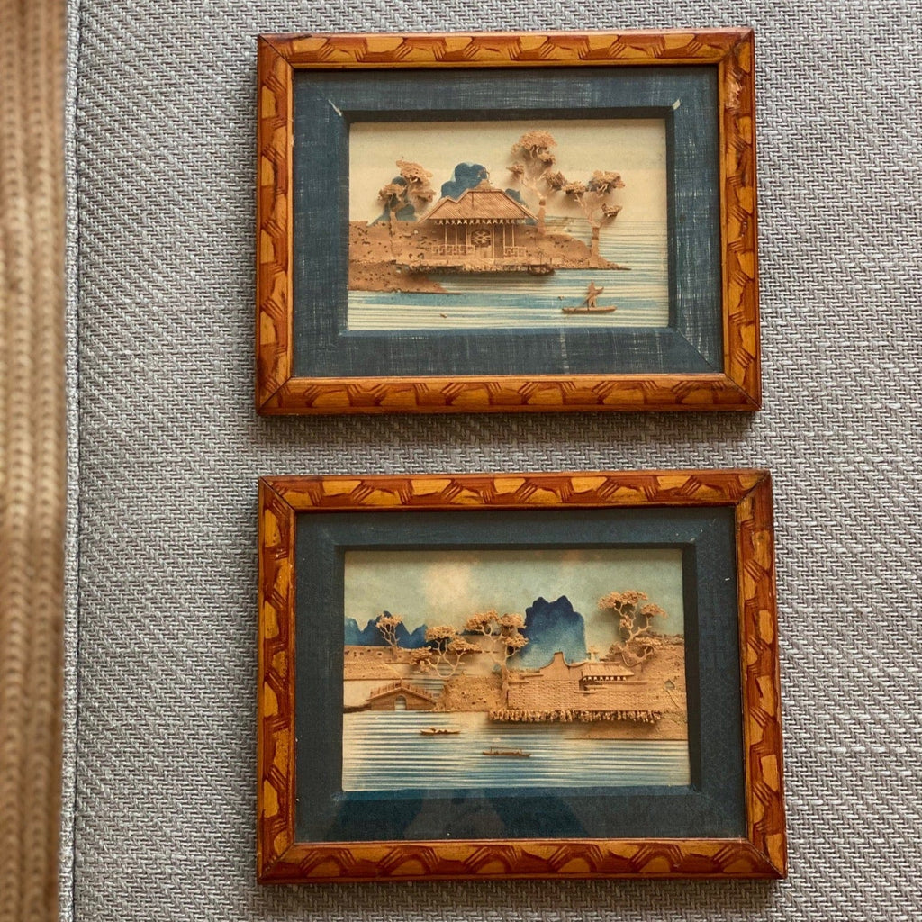 KEPT London Stock Pair of Chinese carved cork dioramas