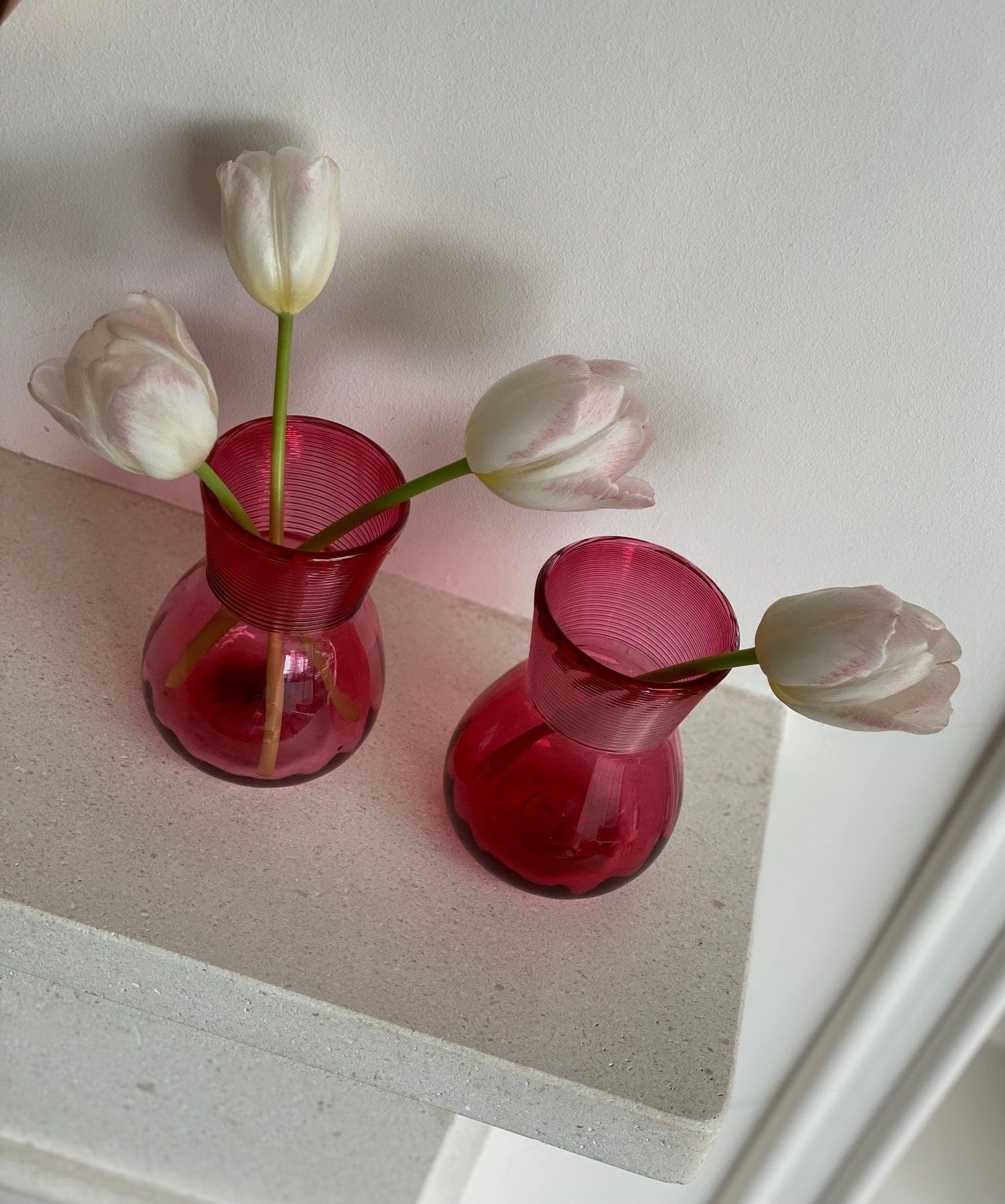 KEPT London Pair of cranberry bud vases