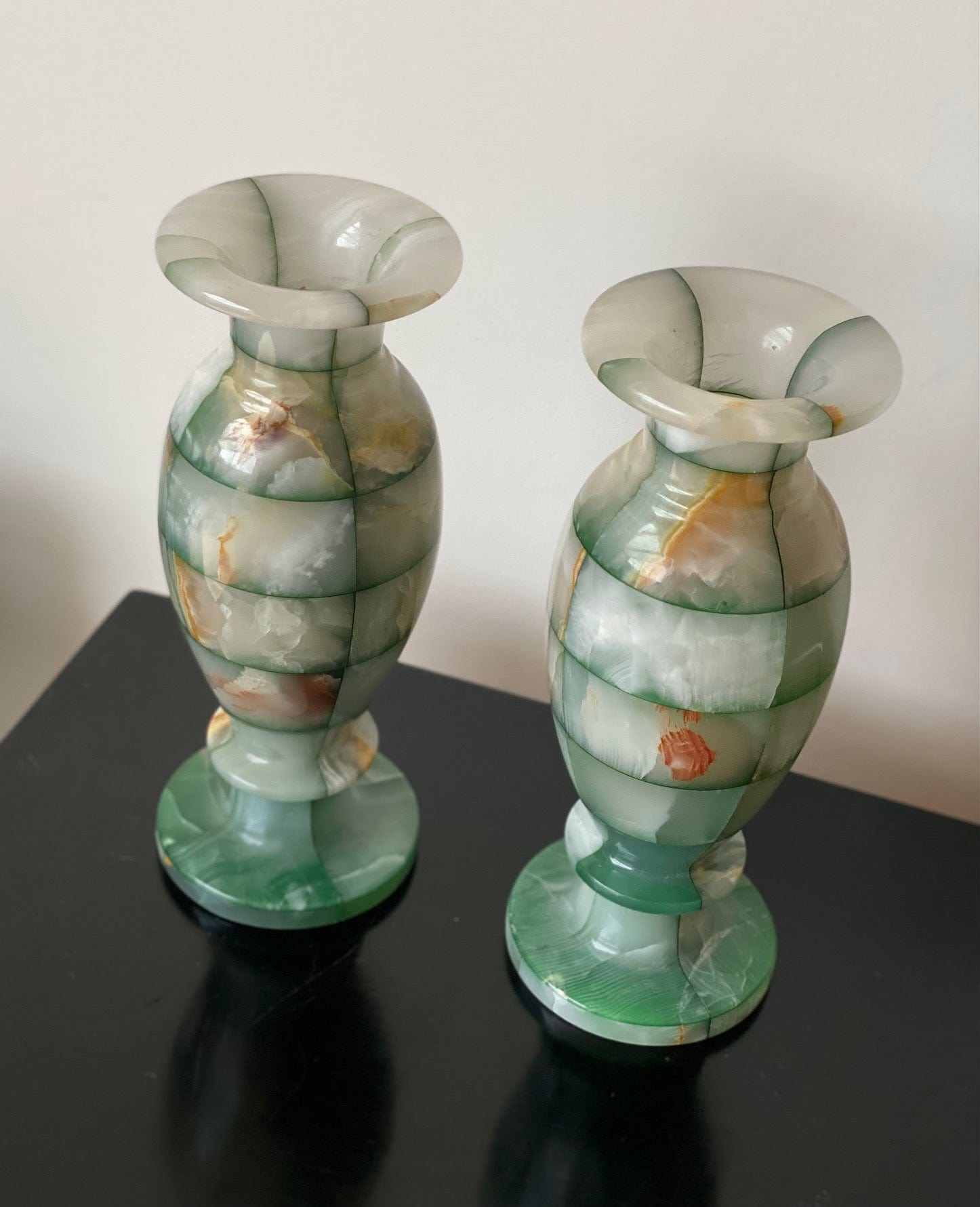 KEPT London Stock Pair of dark green onyx vases