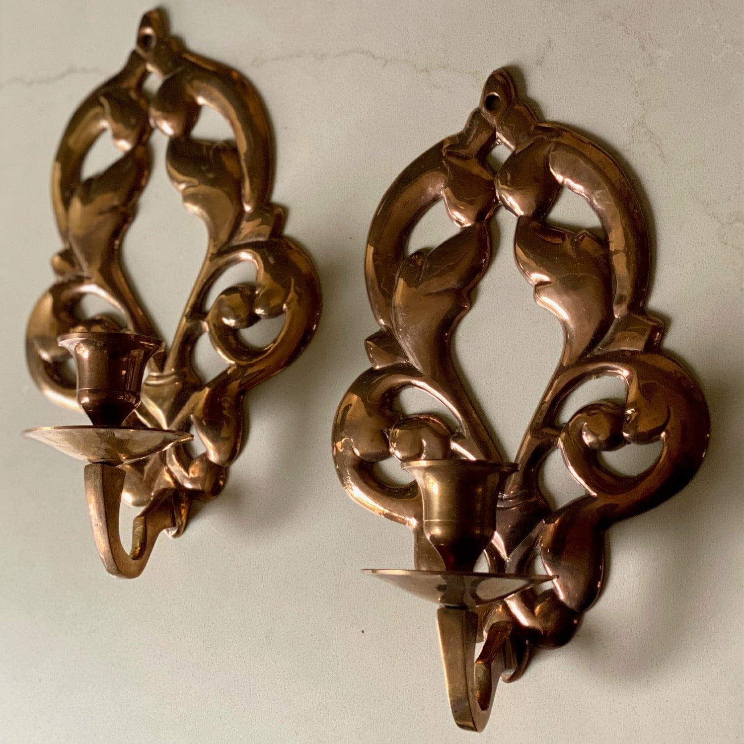 KEPT London Stock Pair of floral brass wall sconces