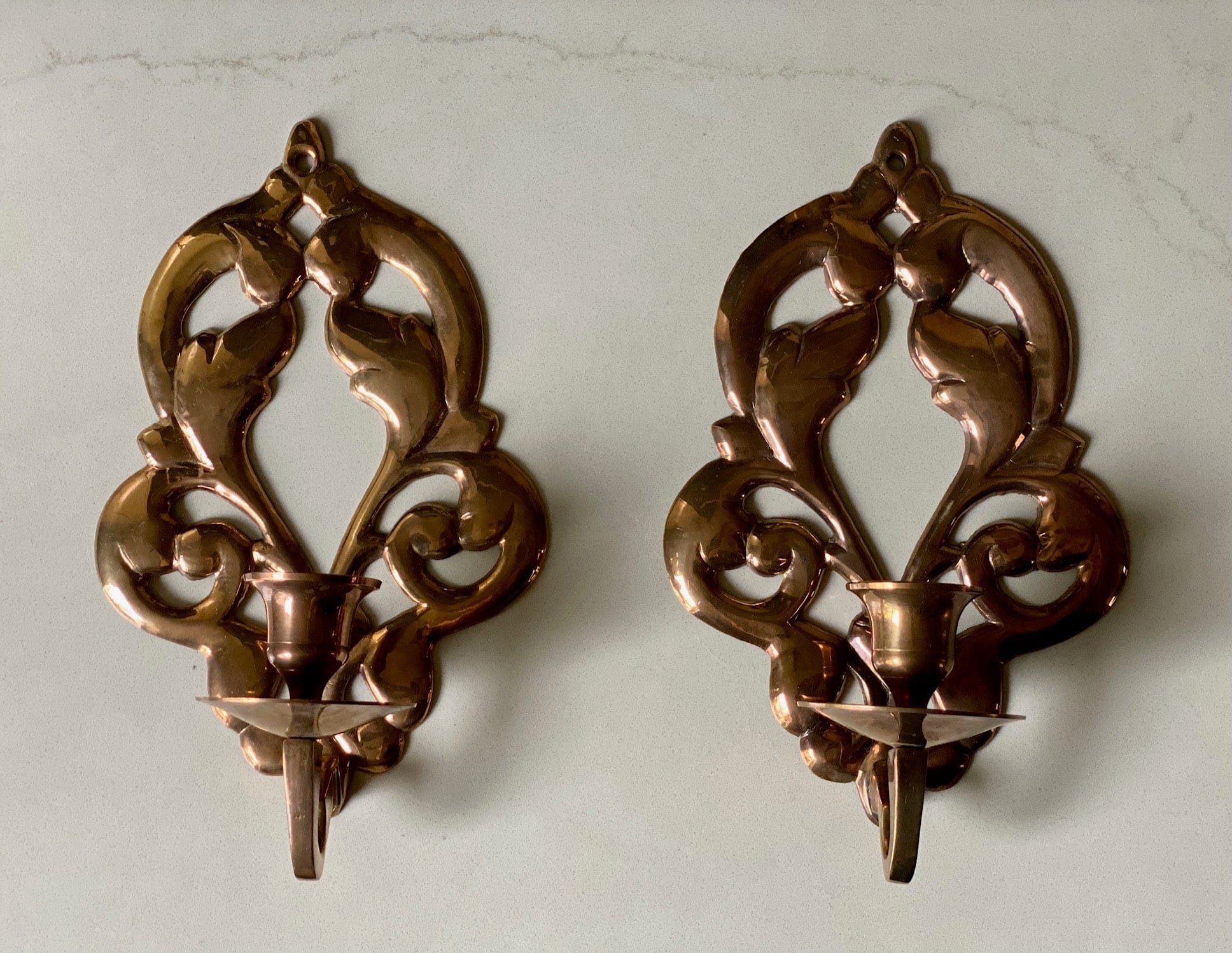 KEPT London Stock Pair of floral brass wall sconces