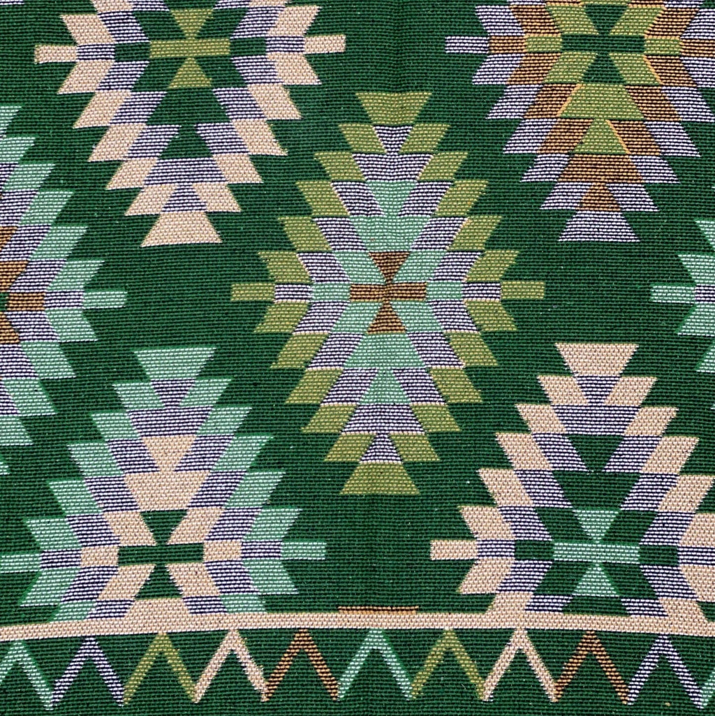 KEPT London Stock Pair of green and peach kilim style rugs
