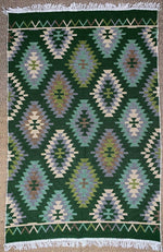 Load image into Gallery viewer, KEPT London Stock Pair of green and peach kilim style rugs
