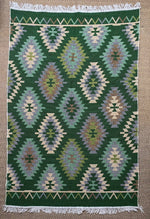 Load image into Gallery viewer, KEPT London Stock Pair of green and peach kilim style rugs
