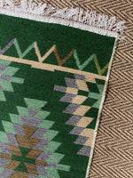 Load image into Gallery viewer, KEPT London Stock Pair of green and peach kilim style rugs
