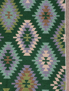 KEPT London Stock Pair of green and peach kilim style rugs