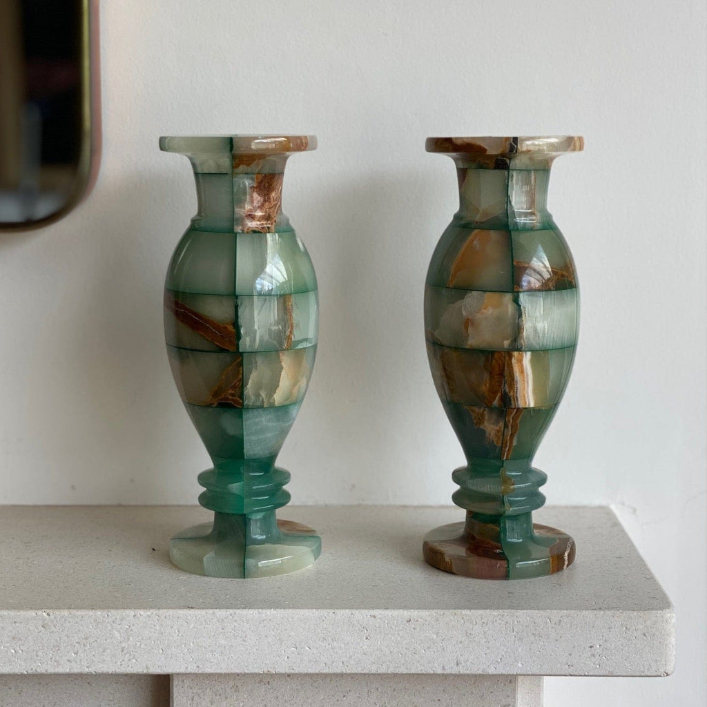 KEPT London Stock Pair of green checkered onyx vases