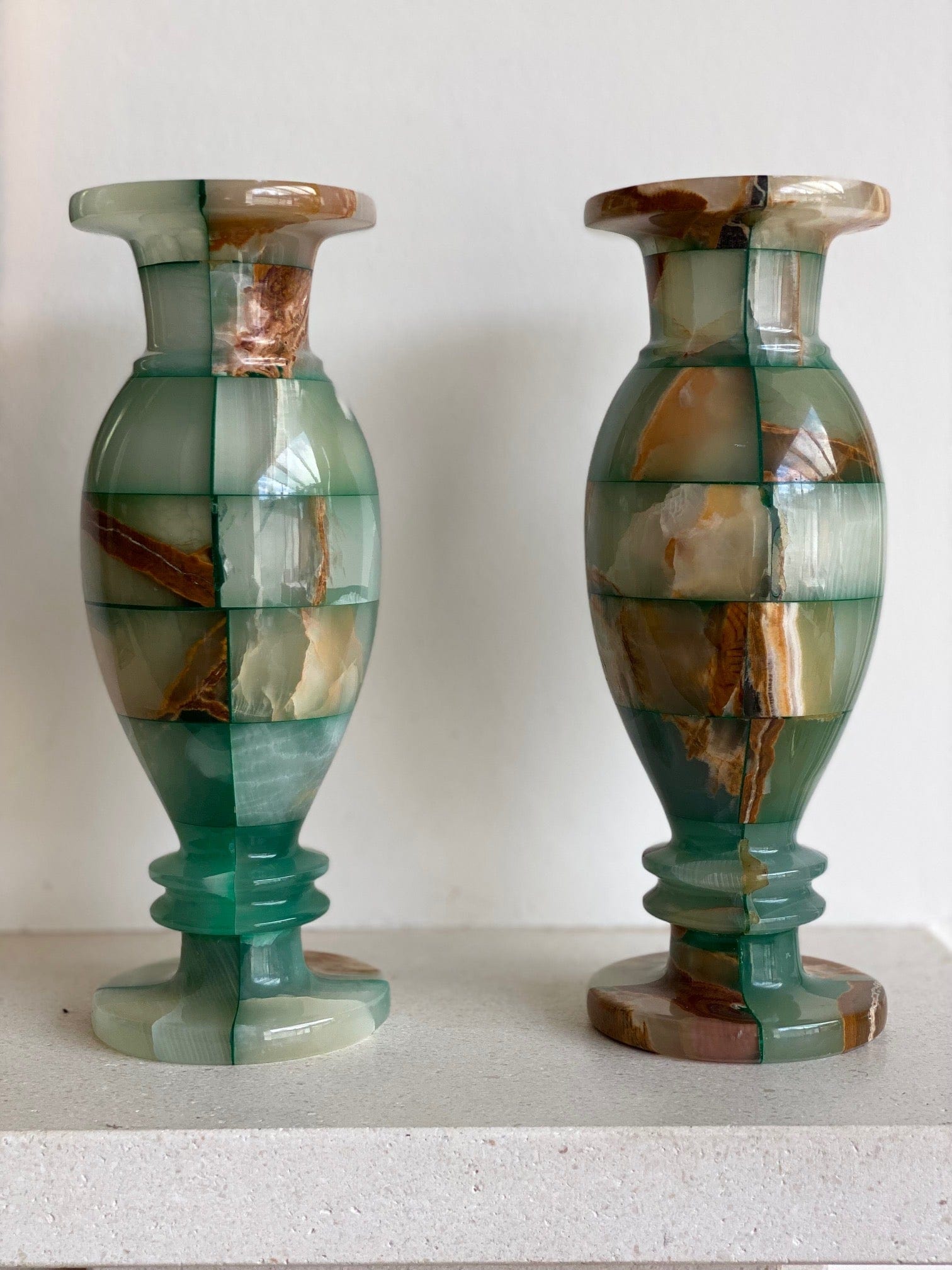 KEPT London Stock Pair of green checkered onyx vases