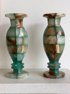 KEPT London Stock Pair of green checkered onyx vases