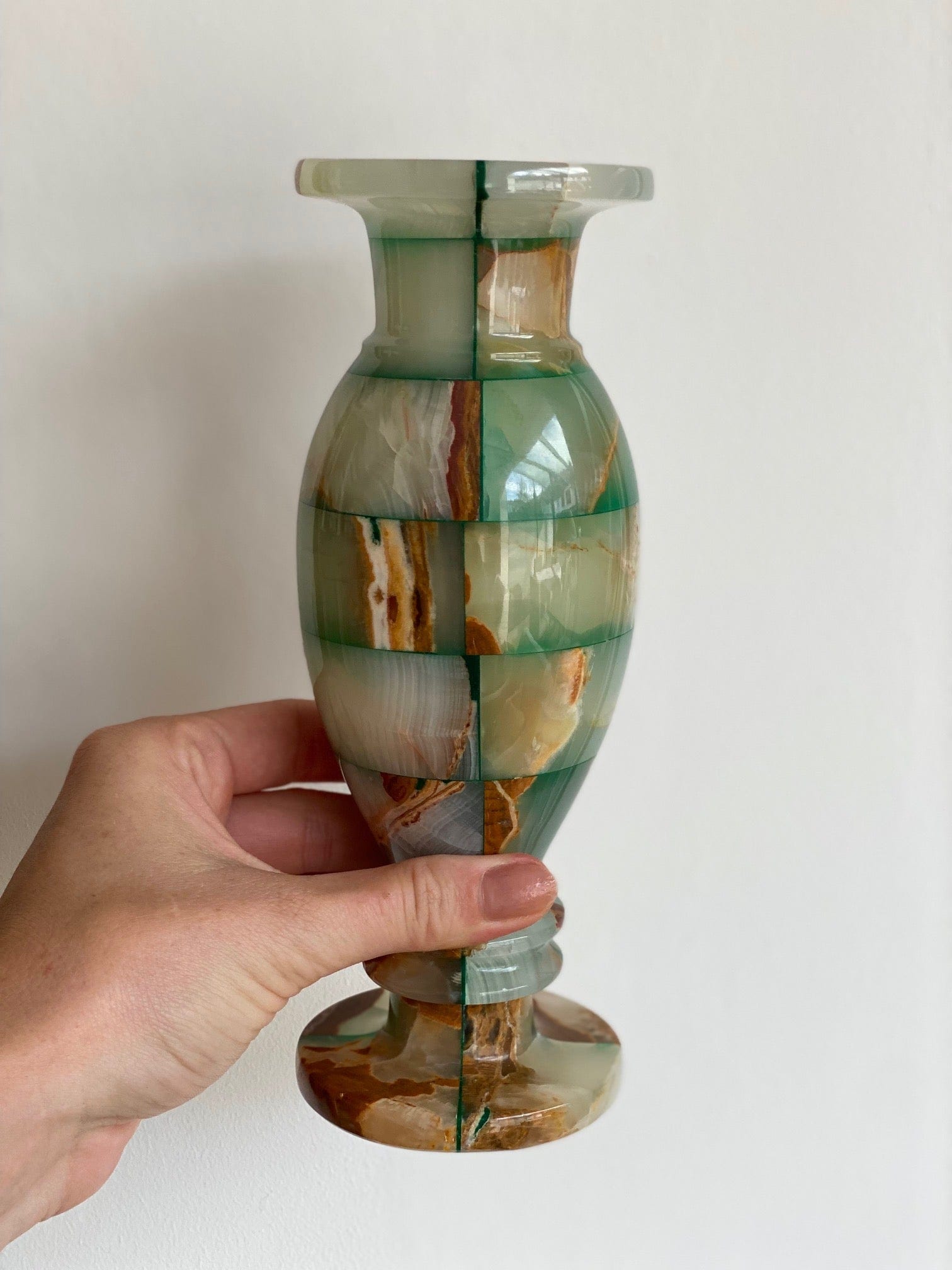 KEPT London Stock Pair of green checkered onyx vases