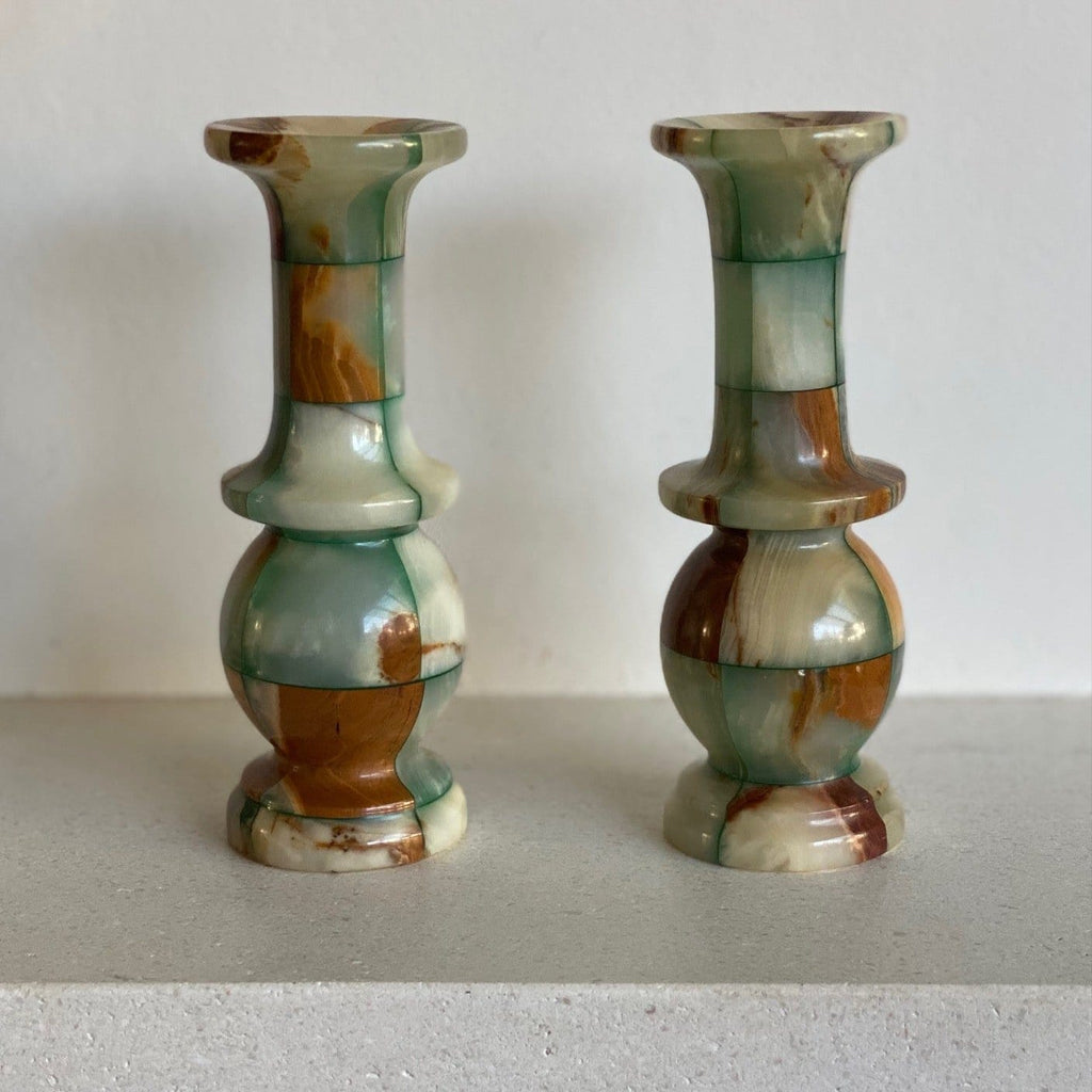 KEPT London Stock Pair of green onyx checkered vases