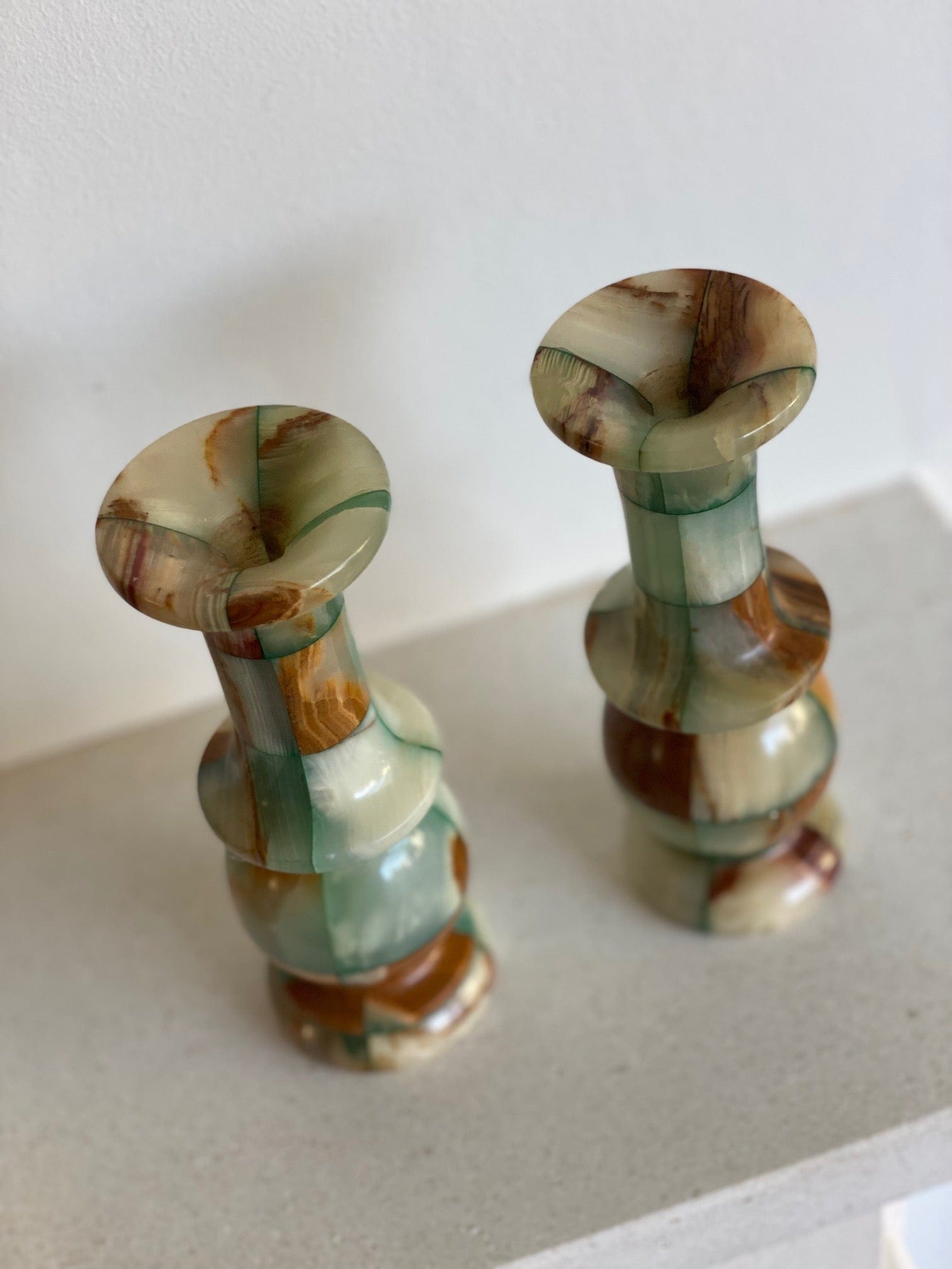 KEPT London Stock Pair of green onyx checkered vases