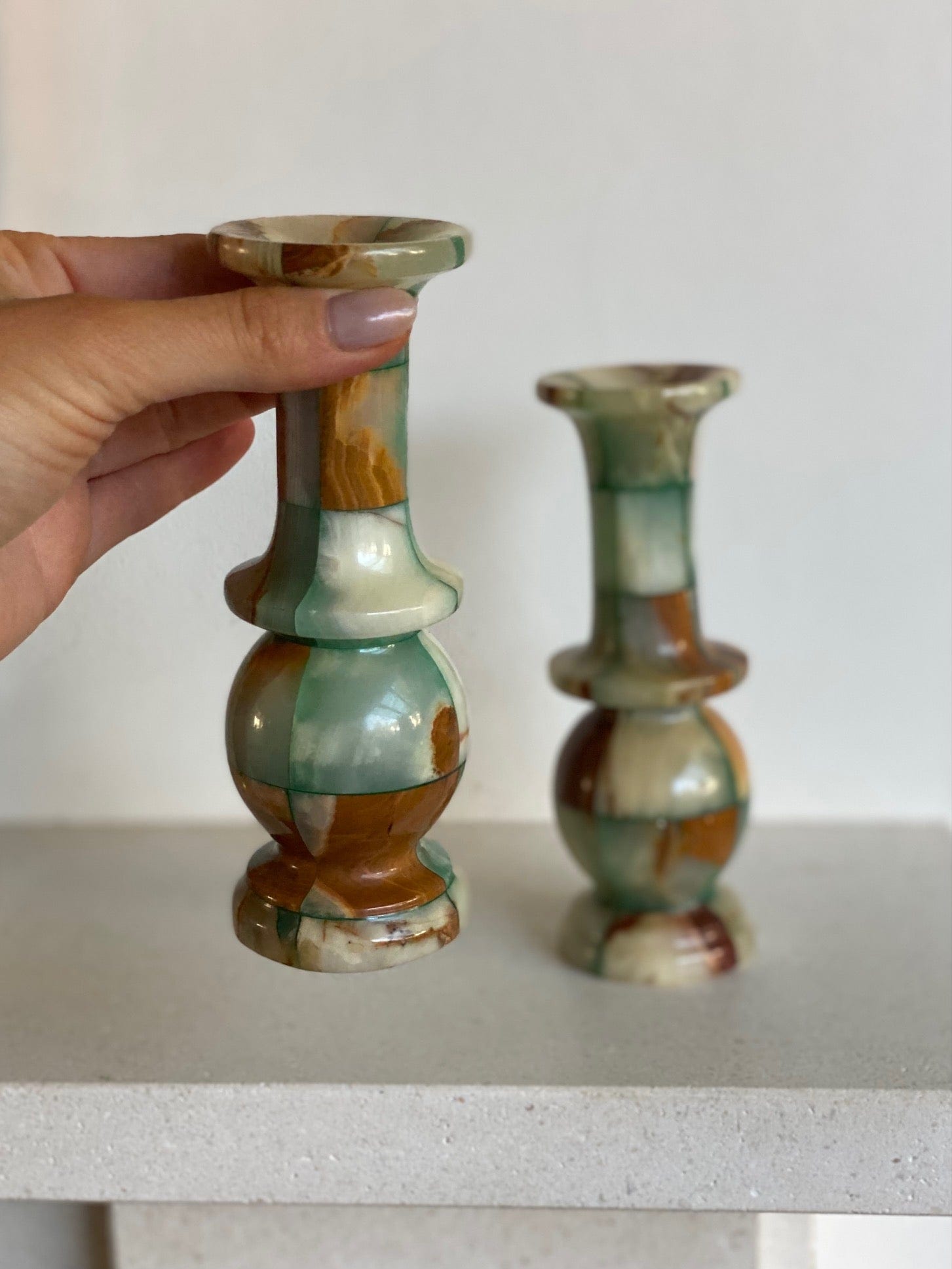 KEPT London Stock Pair of green onyx checkered vases