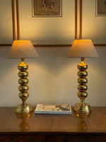Load image into Gallery viewer, KEPT London Stock Pair of large brass bobbin table lamps
