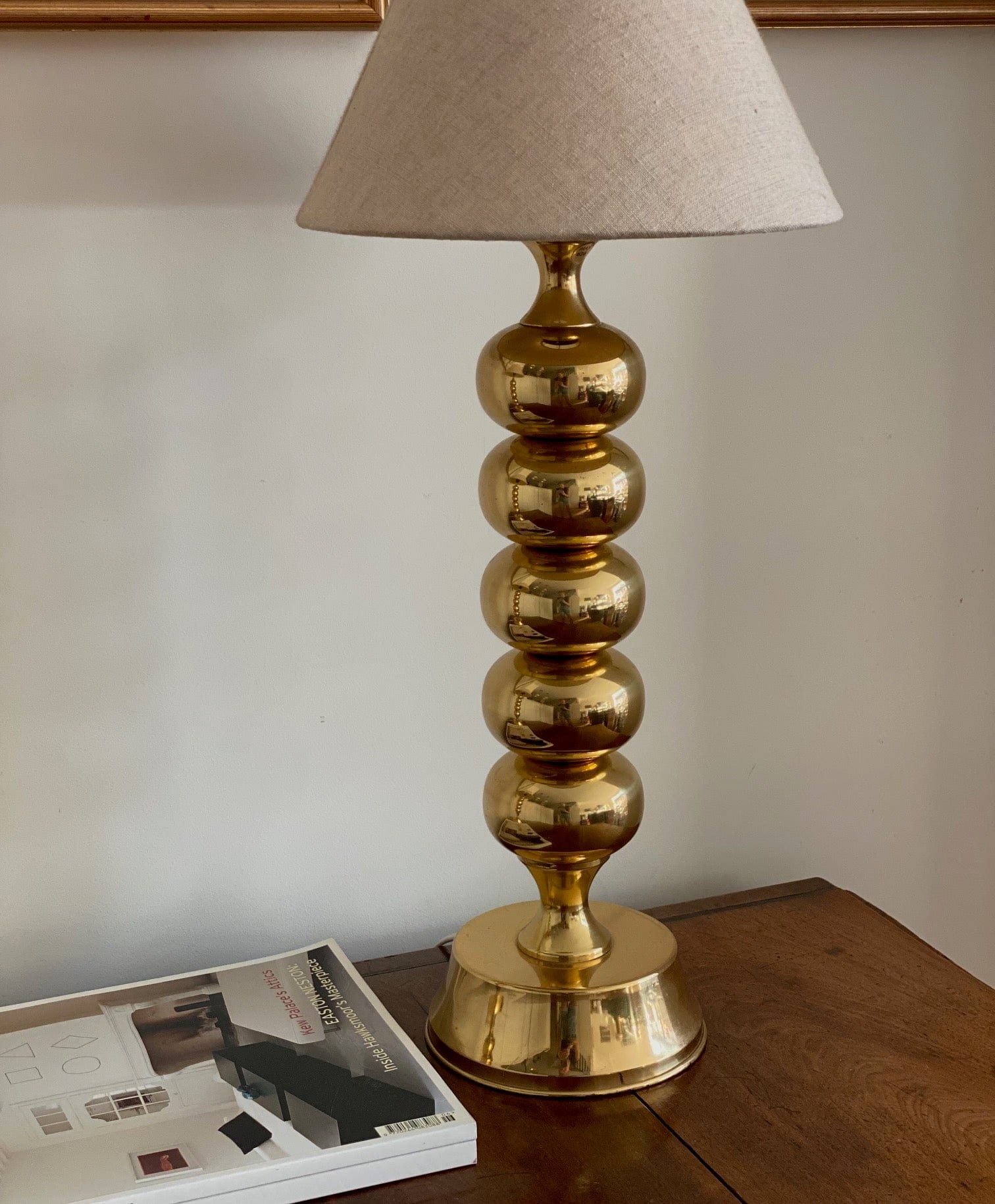 KEPT London Stock Pair of large brass bobbin table lamps