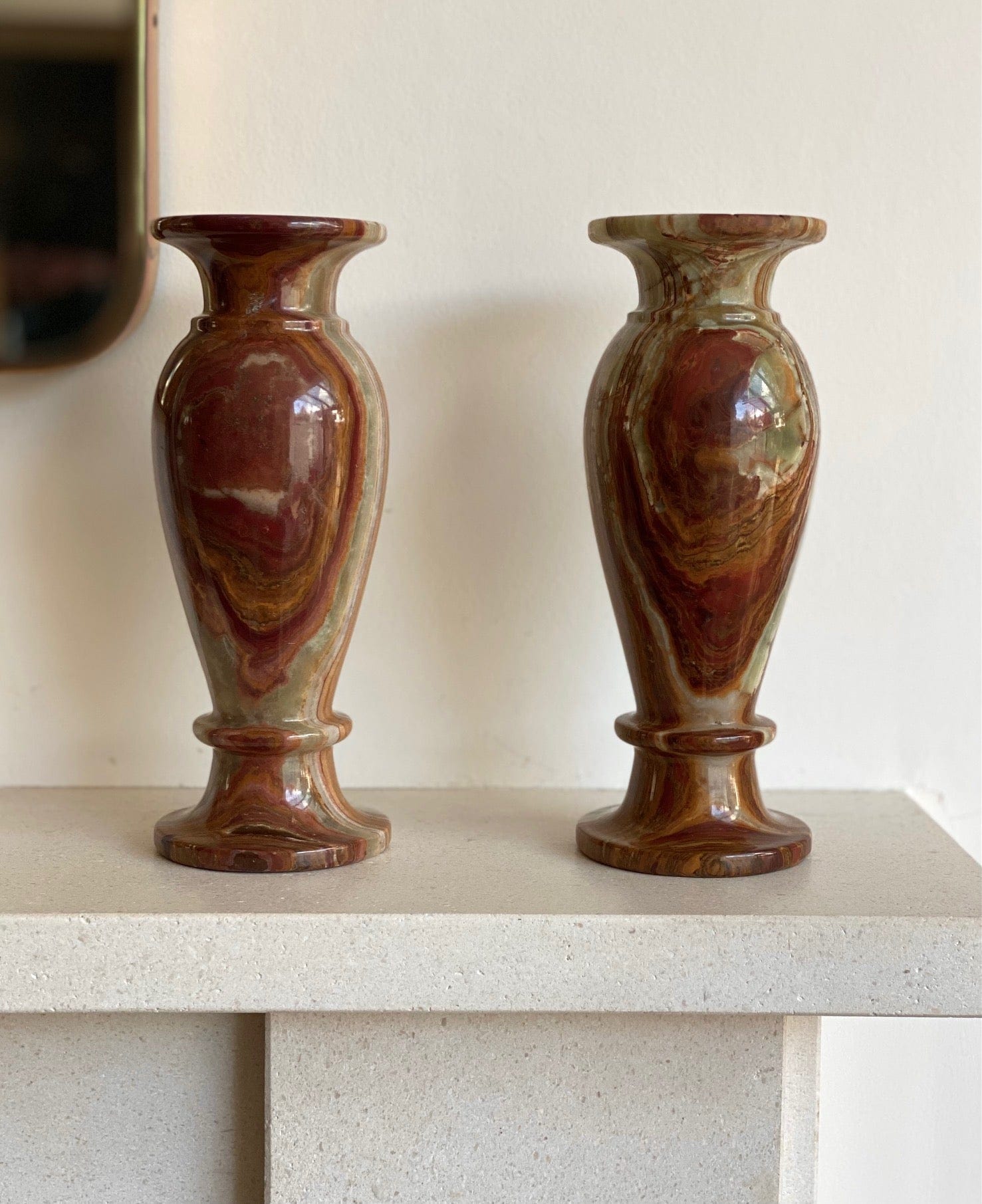 KEPT London Stock Pair of onyx marbled vases