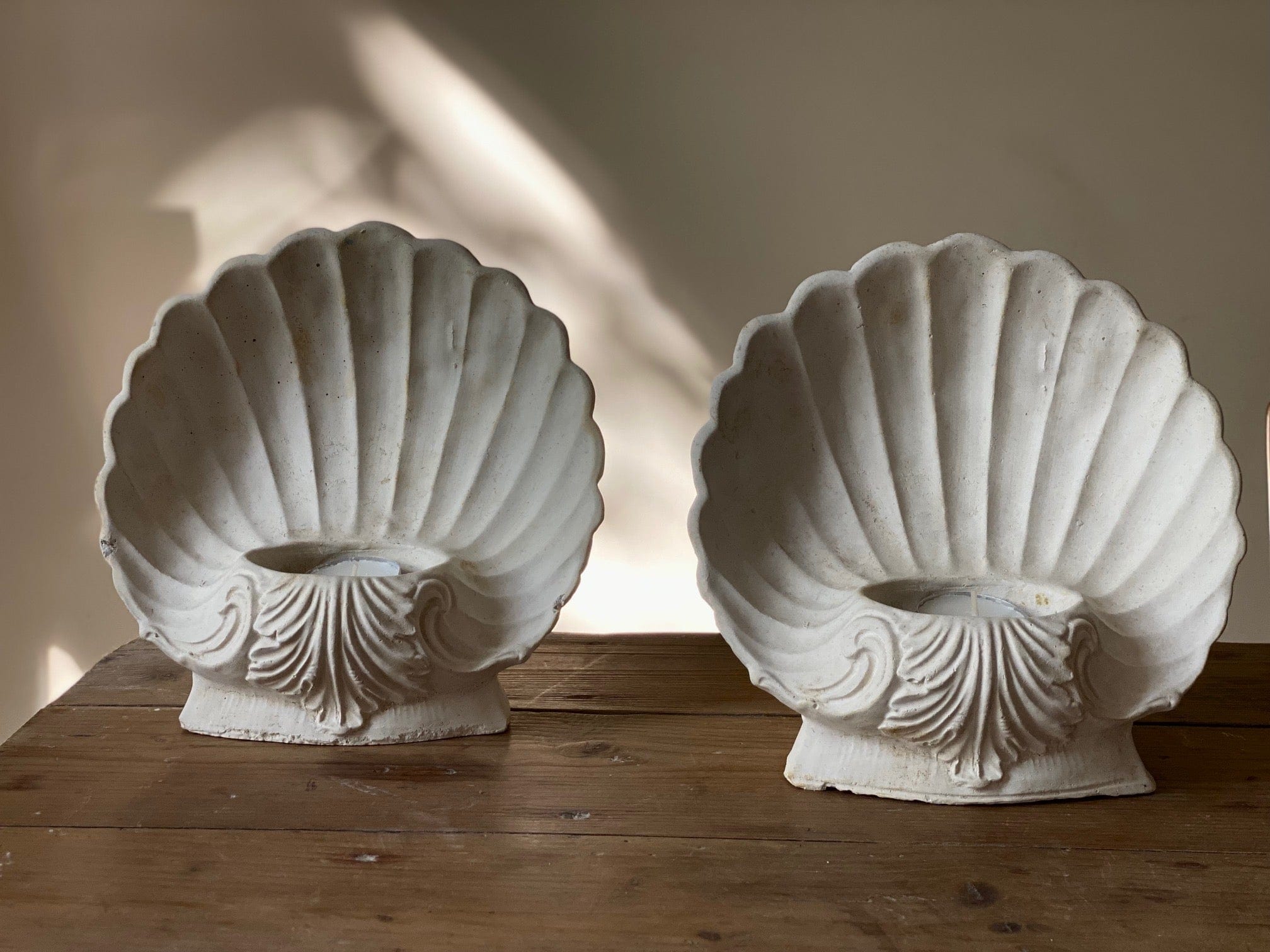 KEPT London Stock Pair of plaster cast shell candle holders