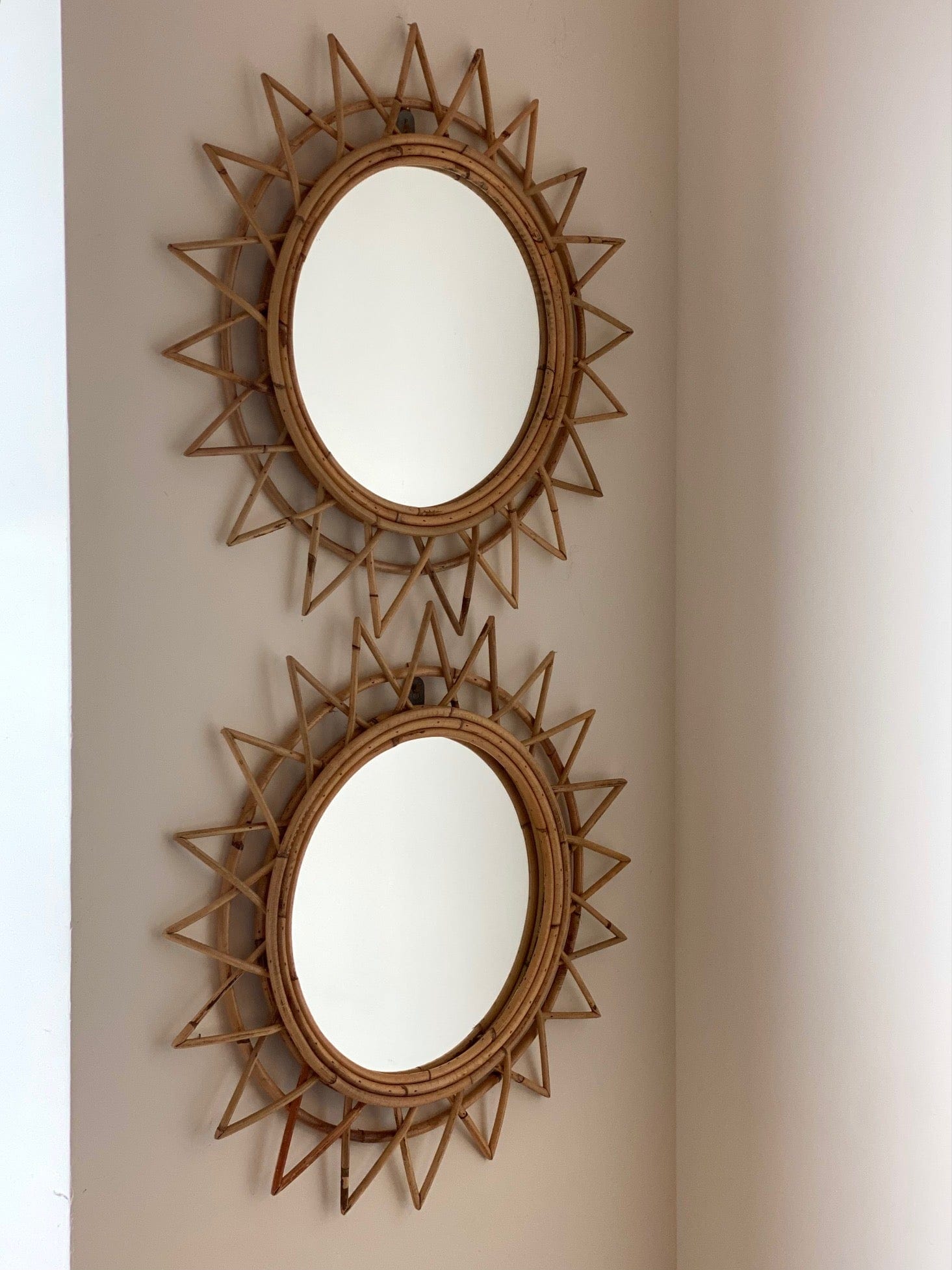 KEPT London Stock Pair of sunburst bamboo mirrors