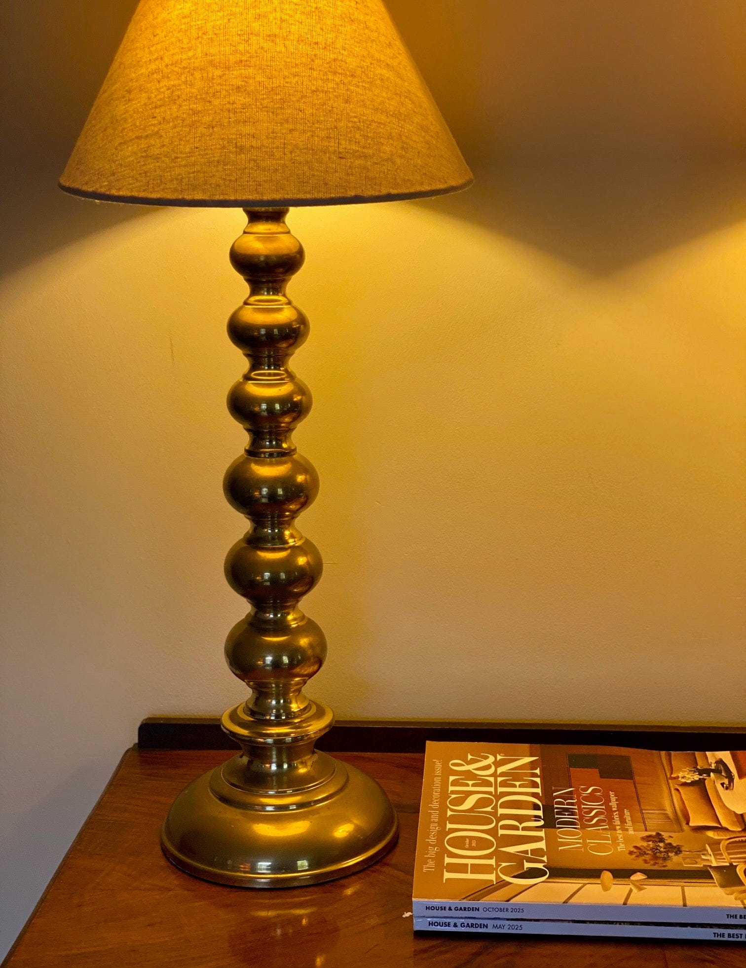 KEPT London Stock Pair of tall brass bobbin table lamps
