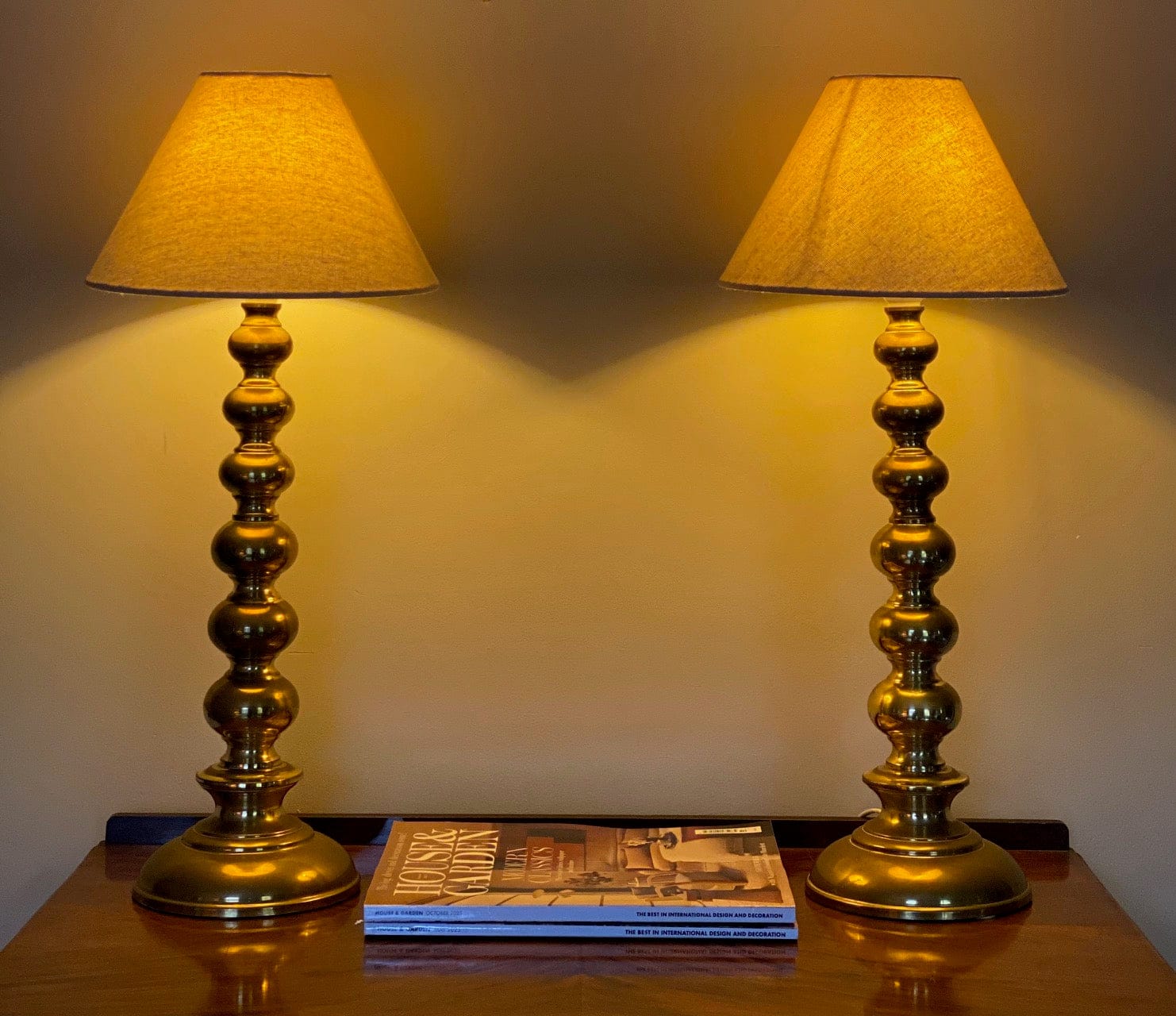 KEPT London Stock Pair of tall brass bobbin table lamps